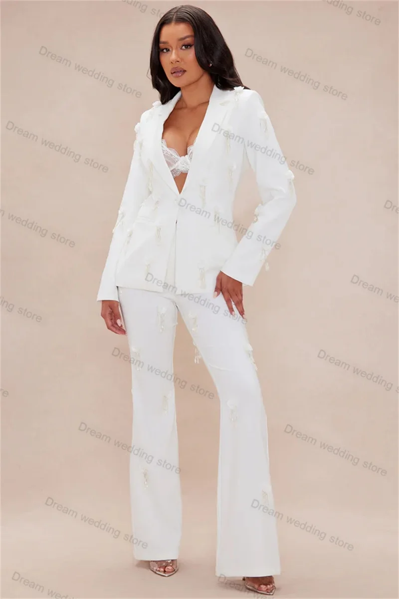 

White Women Suit Pants Set 2 Piece Blazer+Trousers Formal Office Lady Jacket 3D Flower Pearls Cotton Wedding Tuxedo Customized