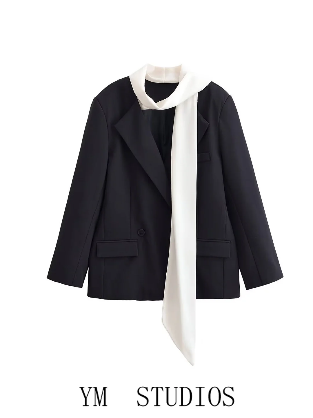 

Женский костюм Busin: шарф-бандана, блейзер свободного кроя, длинный рукав, стандартная длина, двойная застежка на пуговицы