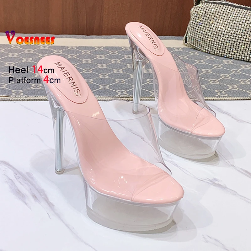 

Женские сандалии на платформе, летние пикантные вечерние тапочки из ПВХ для женщин, прозрачные модели из плексигласа на тонком высоком каблуке 14 см, подиумная обувь