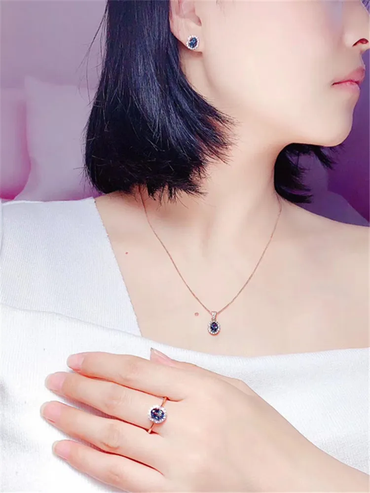 Natural London Blue Topaz Ring Necklace Pendant Stud Earrings Three-Piece Set Lady Dark Blue Gem Engagement