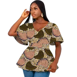 Pagoda Sleeve Women's Pleated Blouse Ankara Style V-Neck Tops Tailored Colorful Print Female Party Clothing