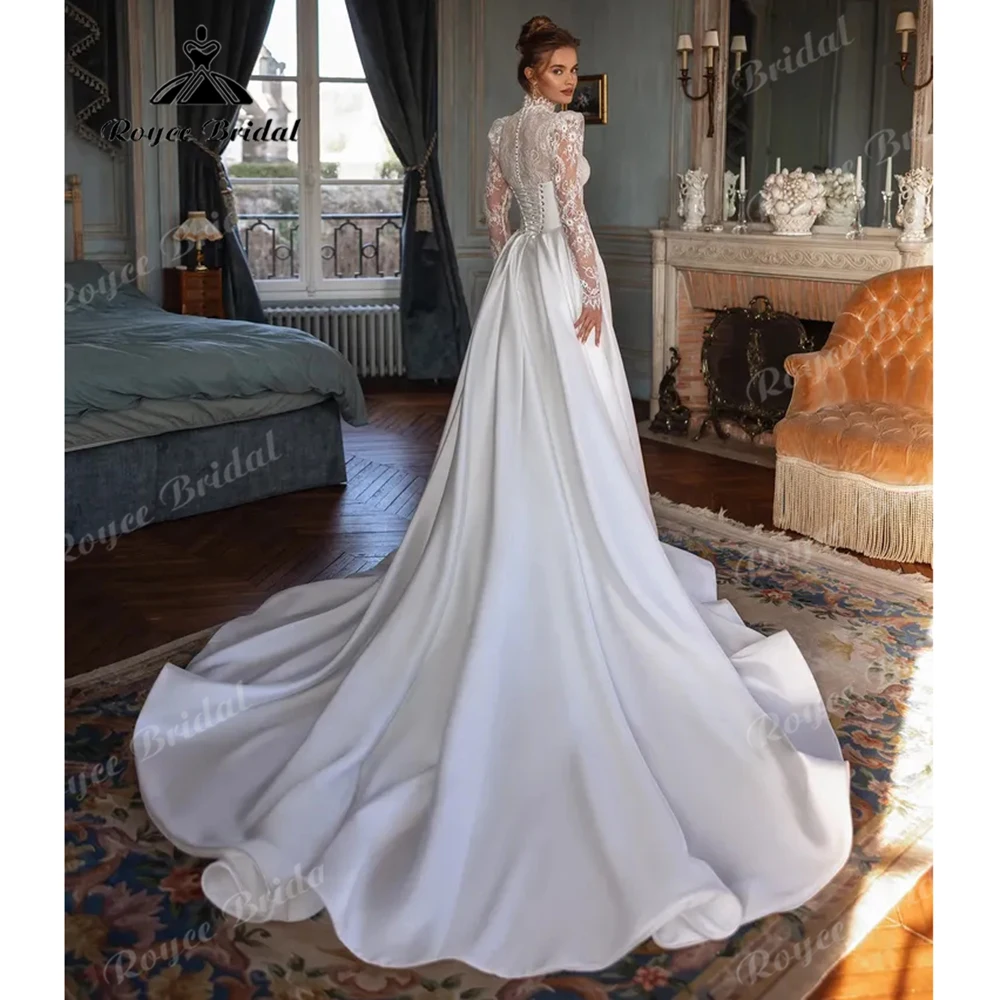 High Neck Long Floral Lace Mermaid Wedding Dress Detachable Oversized Satin Train Skirt Corset Lace Up Back Bridal Gown Customiz