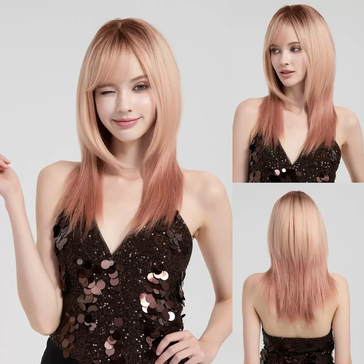 Lolita Layered Wig Pink Wigs with Bangs 18Inch Ombre Orange Synthetic Wigs with Heat Resistant Fiber for Women Cosplay