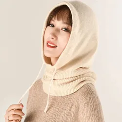 Fashion Winter Faux Cashmere Knitted Hooded Collar Removeable Elastic Hat Men&Women Warm Thick Wool Neck Wrap Drawstring Caps