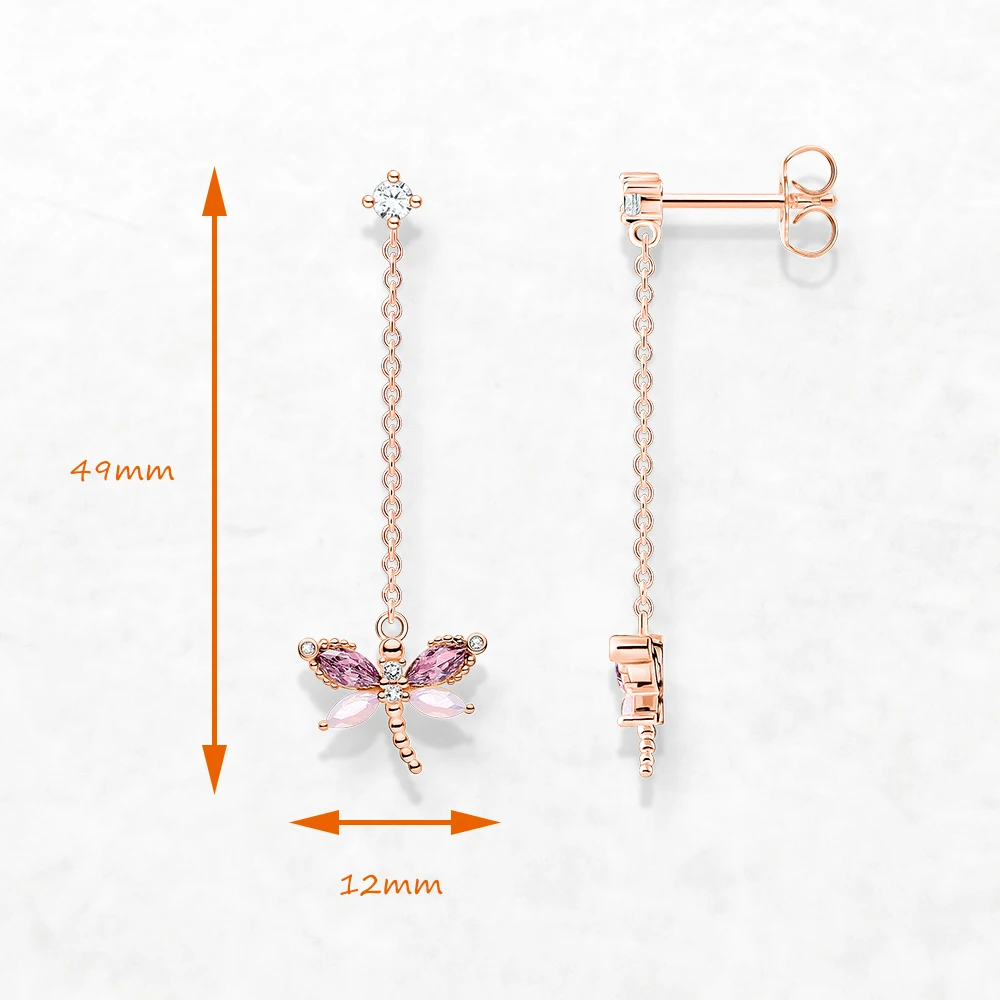 Dragonfly with Stones Rose Gold Drop Earrings Europe Fine Jewerly For Women Brand New Cute Gift In 925 Sterling Silver