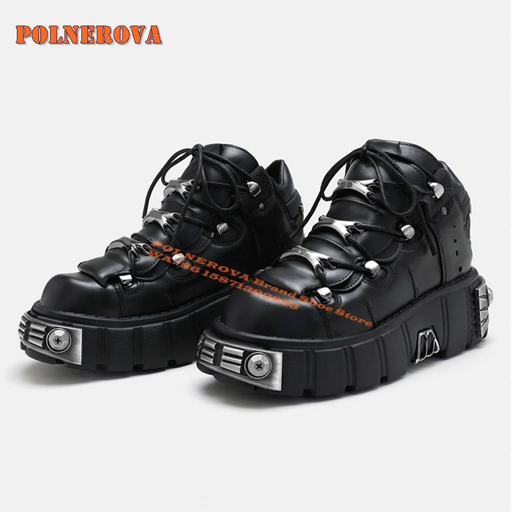 Zapatos de tacón Punk de talla grande de Metal pesado, punta redonda, suela sin mangas, decoración de Metal atada cruzada, botines de pareja de estilo gótico, invierno 2024