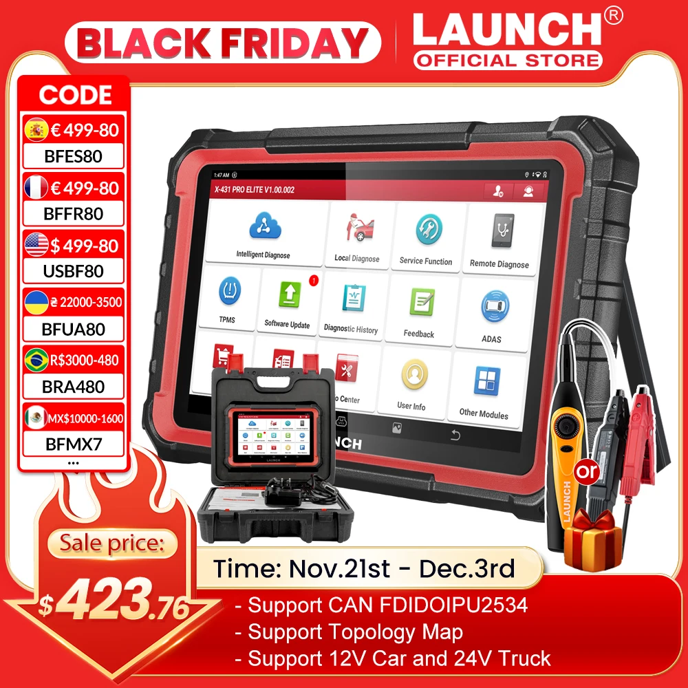 LAUNCH X431 PRO ELITE Car Diagnostic Tools CAN FD DOIP All System 31+ Reset Active Test ECU Coding Auto OBD OBD2 Scanner