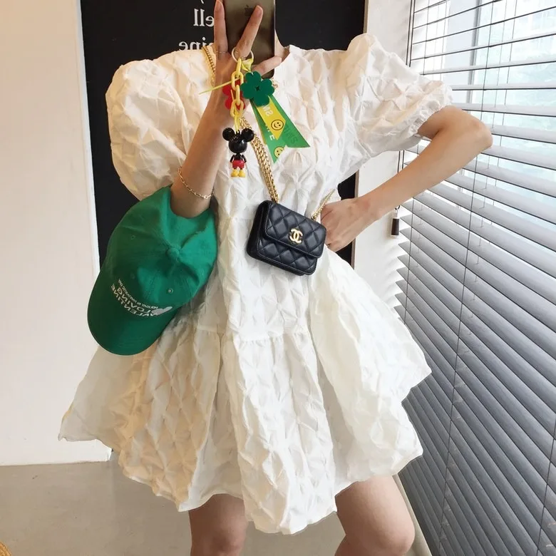 Sweet Summer Faion geplooide textuur Bubble Sve ort rok Dr. Koreaanse Sle Regular Fit vrijetijdskleding voor verschillende gelegenheden