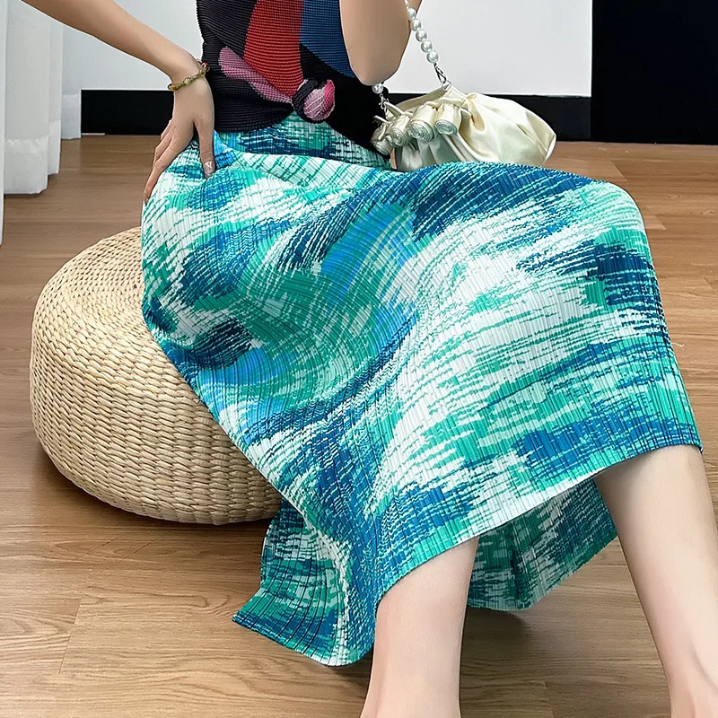 Miyake Pleated Skirt Women's 2024 Summer New Style High-waisted Temperament Slimming Slit Fashionable Mid-length Printed Skirt