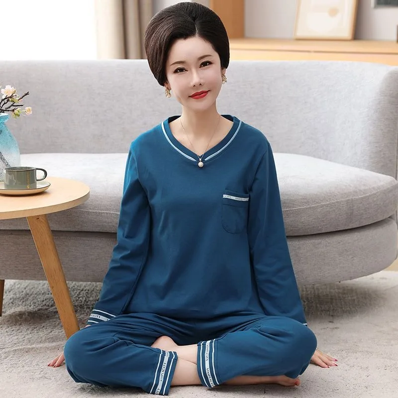 2023 New Middle Aged Women's Pure Cotton Pajamas Long Sleeved Loungewear Spring Autumn Thin Pullover Large Size Homewear Set
