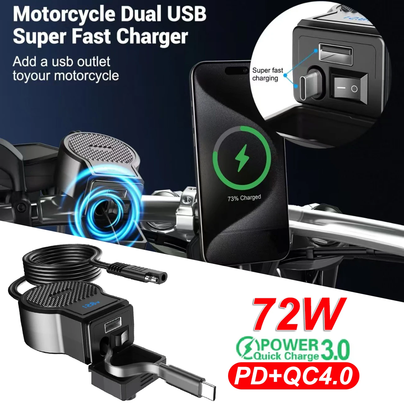 

Водонепроницаемое зарядное устройство для мотоцикла 72W PD QC4.0 с USB и сверхбыстрой зарядкой, выдвижным кабелем Type-C, вольтметром и цифровым дисплеем заряда
