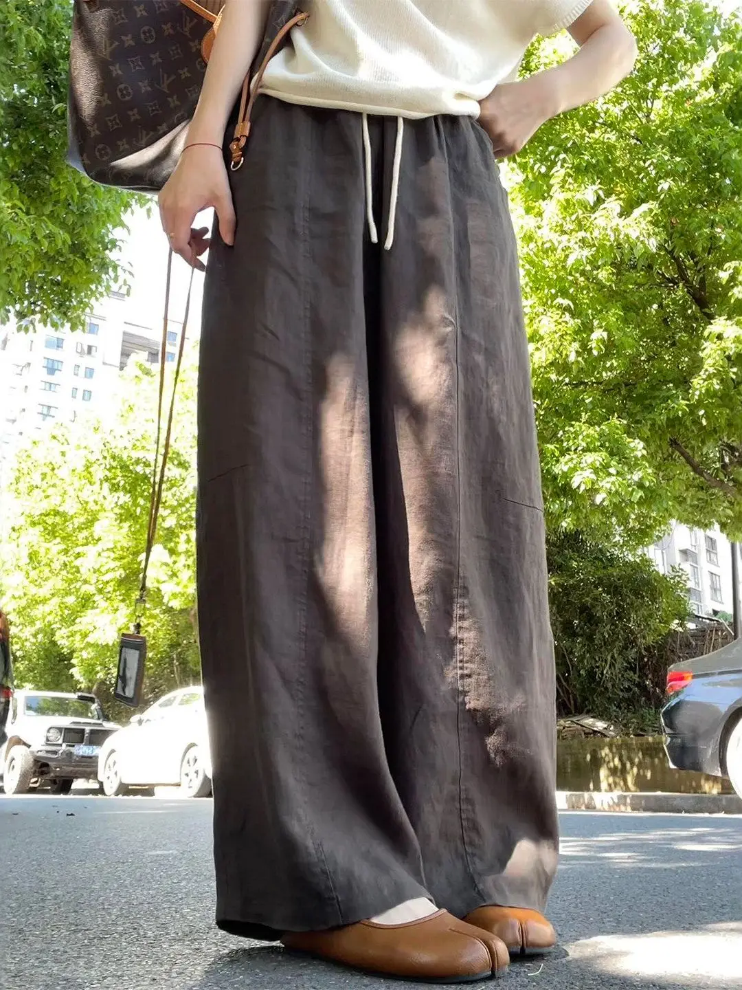 Elegant Cotton Linen Wide Leg Pants Women's Casual Loose Fit High Waist Drawstring Straight Cut Long Trousers Spring Autumn
