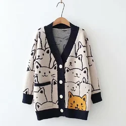 Women's Cartoon V-Neck Cardigan Sweater, Long-Sleeved Knitted Coat, Cute Cat Retro, Professional Fashion, Winter, New, 2024