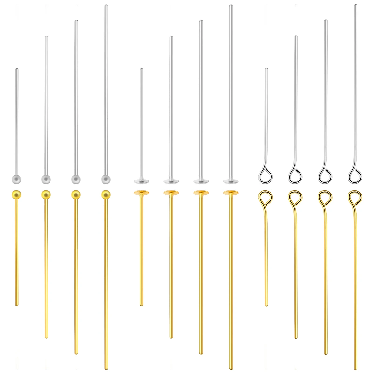 50-100 peças de alfinetes de cabeça plana em aço inoxidável, banhados a ouro e prata, com cabeça esférica e agulha de olho para fabricação de joias, acessórios DIY para brincos.