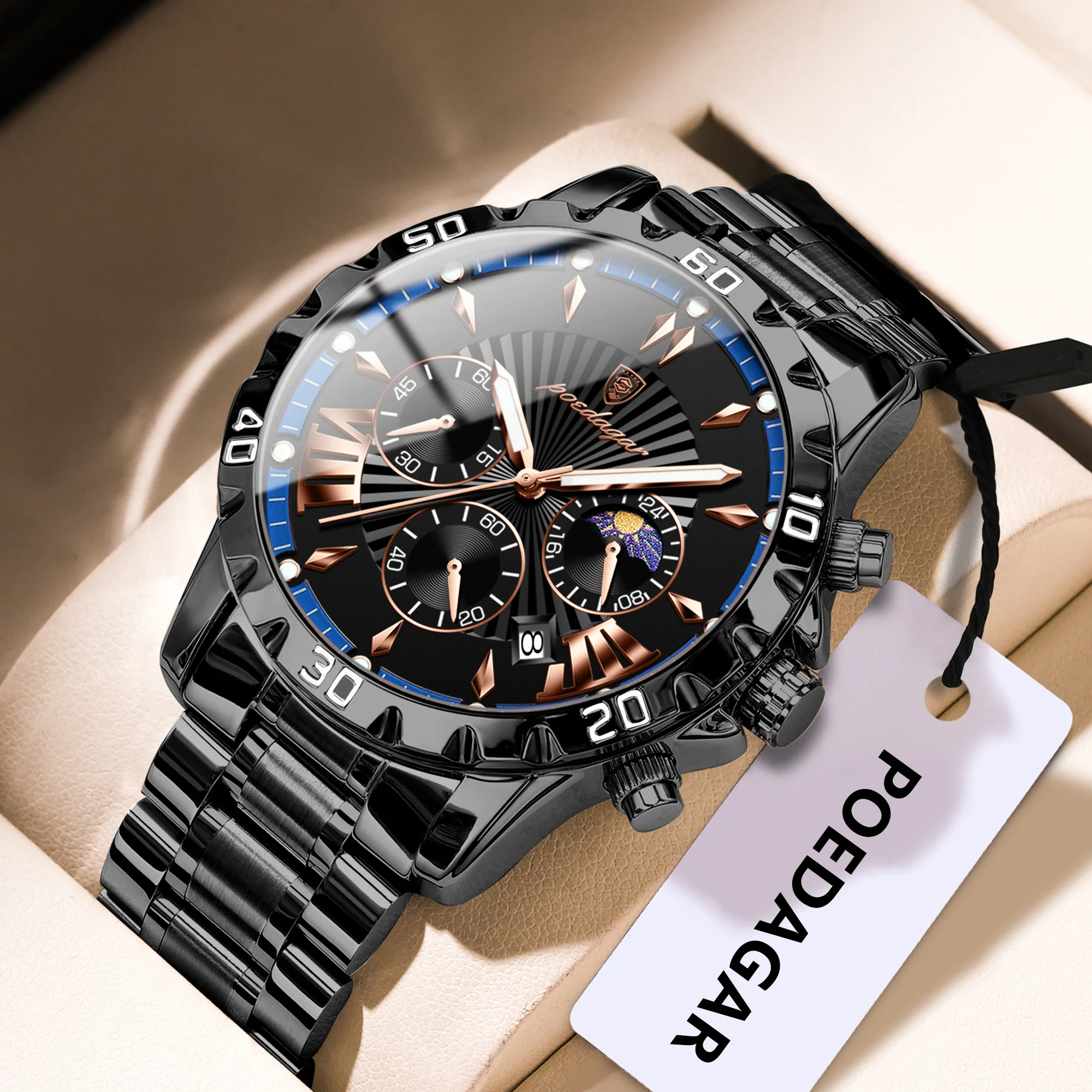 POEDAGAR Luxury Man Watch Chronograph Luminous Waterproof Date Quartz Men Wristwatch Stainless Steel Fashion Men's Watches Reloj