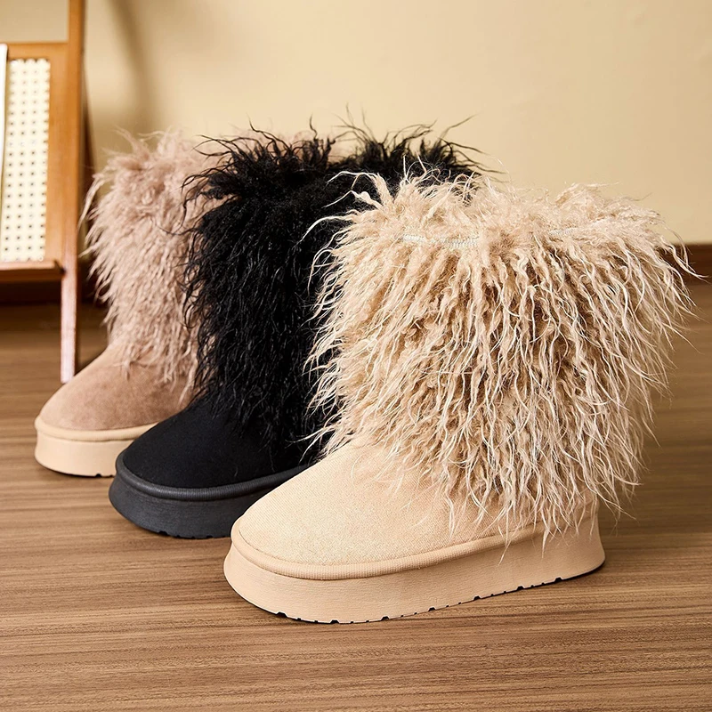 خمر طويلة أفخم الشتاء أحذية النساء الدافئة سميكة أفخم عدم الانزلاق الثلوج أحذية امرأة الانزلاق على منصة مكتنزة منتصف العجل بوتاس 45 #1