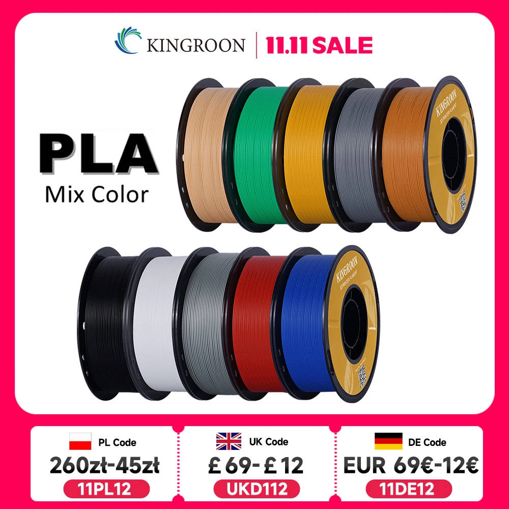 KINGROON filamen PLA 1.75mm 5/10KG plastik pla untuk Printer 3D, filamen cetak 3D standar 1kg/rol warna campuran pengiriman lokal