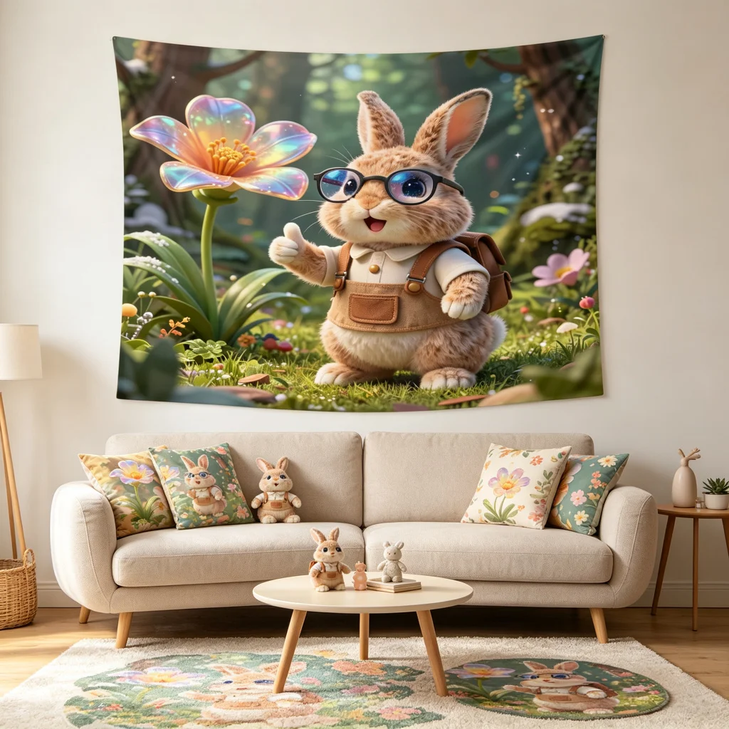 1PC Cartoon Bunny Glasses Magic Flower Print Backdrop Banner, Bedroom Living Room Photo Background, Polyester, Home Decor, Wall