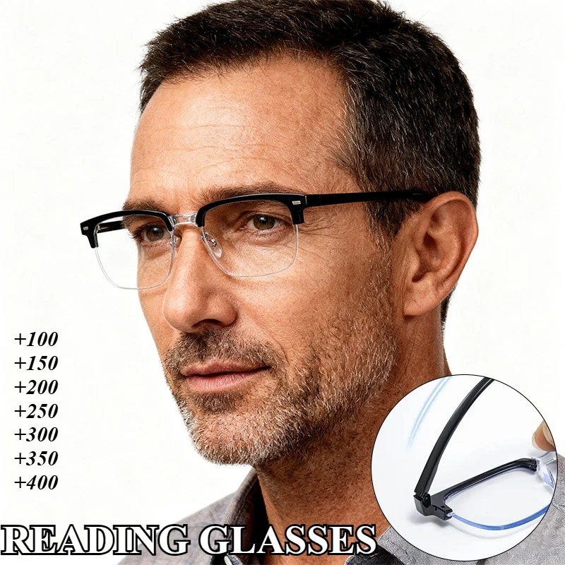Modische ultraleichte Presbyopie-Brille, hochauflösende Anti-Blaulicht-Brille, Business-Lesebrille mit Halbrahmen für Herren