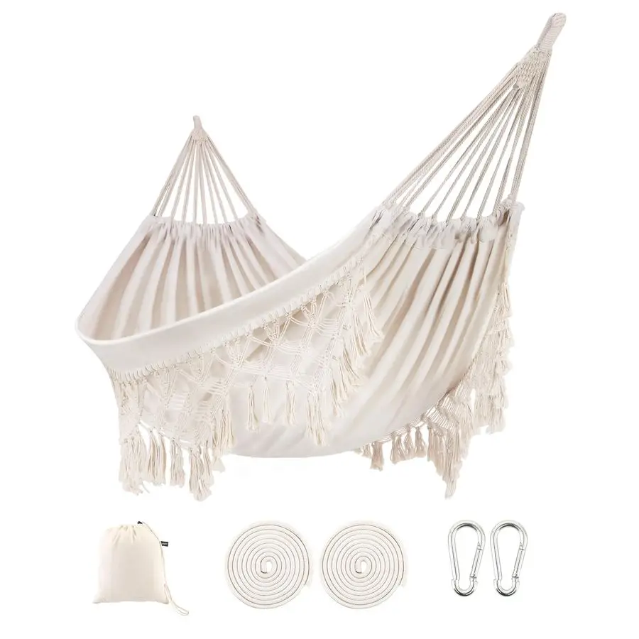 

Indoor Hammock with Macrame Fringe for 2 Persons,Double Boho Hammocks with Tassels,Portable Cotton Rope Hamaca Swing with Trave