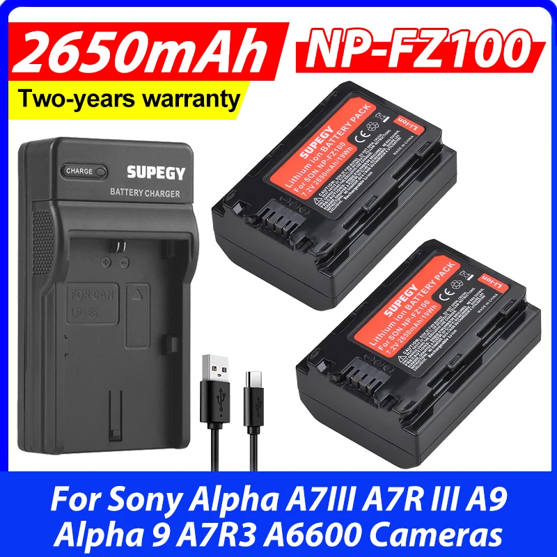 

2pcs 2650mAh NP FZ100 NPFZ100 NP-FZ100 Battery + USB Charger for Sony Alpha A7III A7R III A9 Alpha 9 A7R3 A6600 Cameras