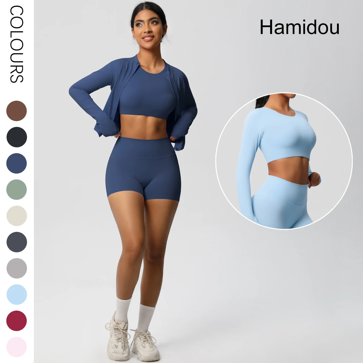 

New Sports Yoga Set for Woman Tight Solid Color Long Sleeves Zipper Jacket Fashion Breathable Summer Fitness Shorts Yoga Set