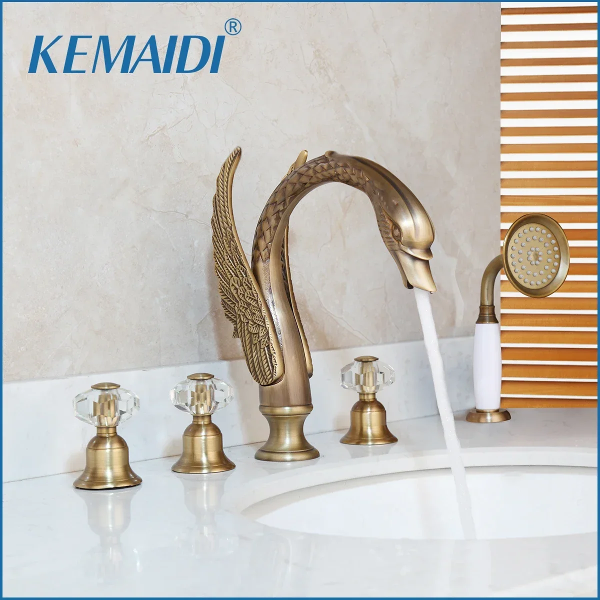 KEMAIDI Widespread Swan Bathtub Faucet Tub Mixer Tap Deck Mounted 3 Handle Swan Bath Shower Set with Pull Out Handshower Head