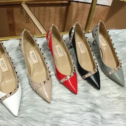 2026 Popular Pointed Toe Patent Leather Rivet Stud High Heels Shoes Banquet Party WeddingShoes Nightclub High Heels Women Shoes