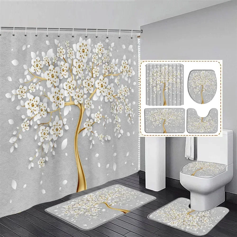 Witte Bloemen Douchegordijn Set Vlinder Groene Bladeren Plant Bloemen Huis Badkamer Decor Antislip Kleed Badmatten Toiletdeksel