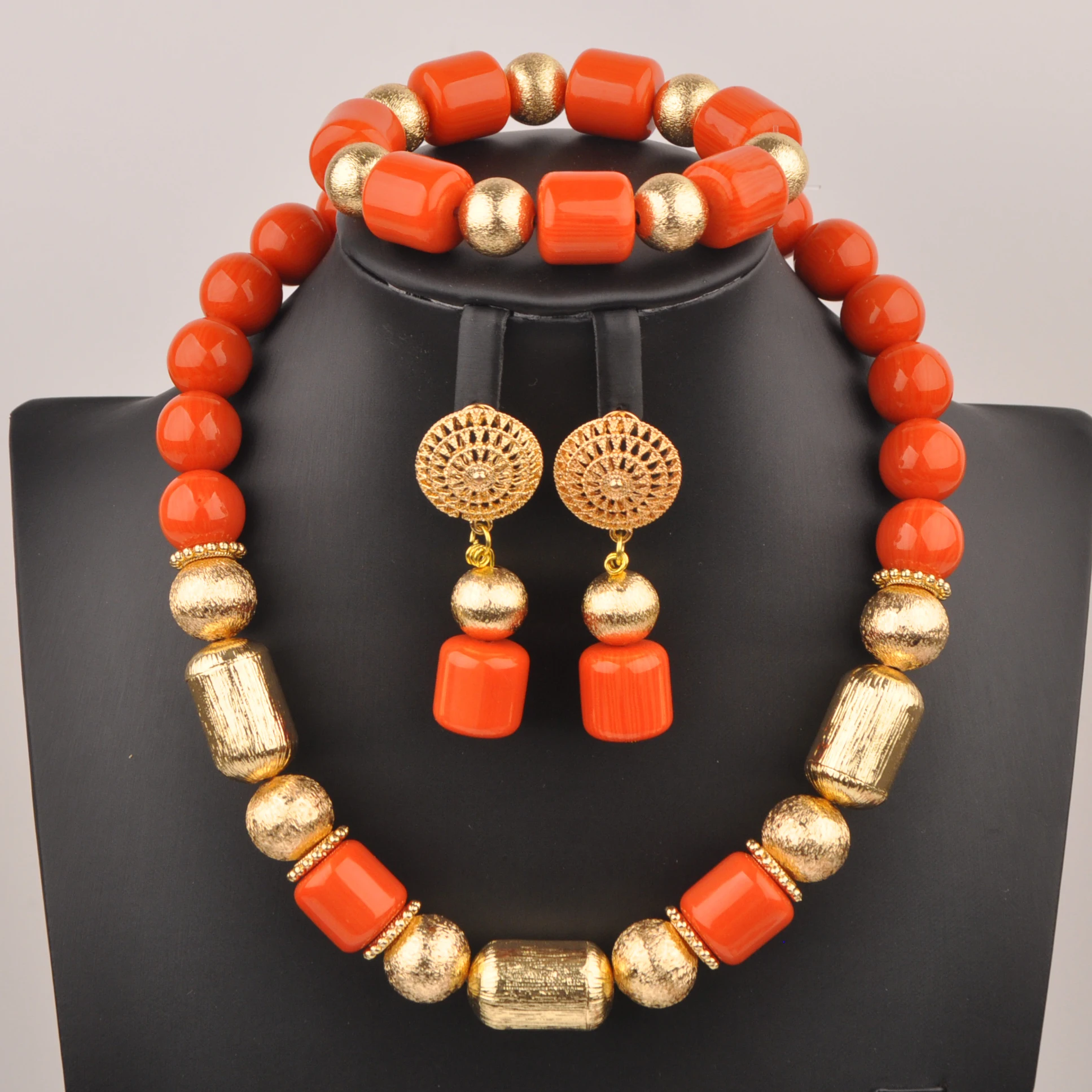 Minimalist Nigerian Bridal Wedding Jewelry Orange Imitation Coral Necklace African Wedding Dress Accessories Jewelry Set XIN-154