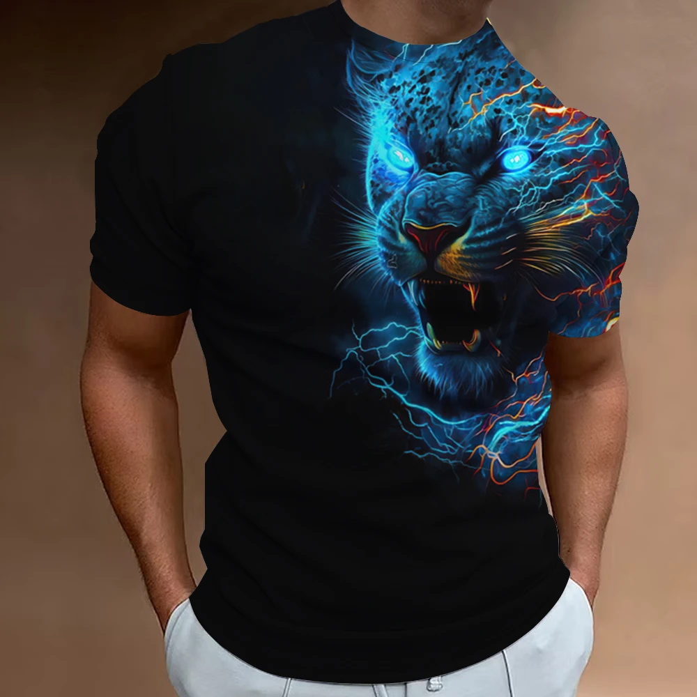 Animal Pattern Mens T Shirt 3D Lightning Leopard Short Sleeve Fashion Personalized T Shirt Loose Oversized T Shirt Mens Clothing