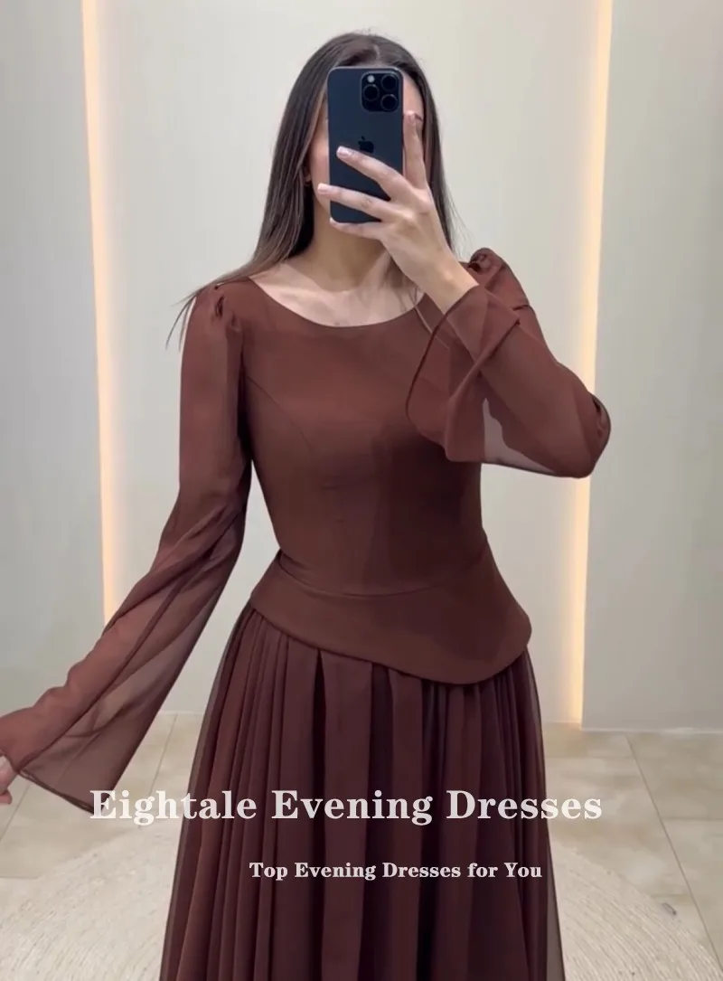 Eightale アラビア語イブニングドレス スクープ カスタマイズされた A ライン フロアレングス シフォン ブラウン 長袖 プロム ウェディング パーティー ドレス
