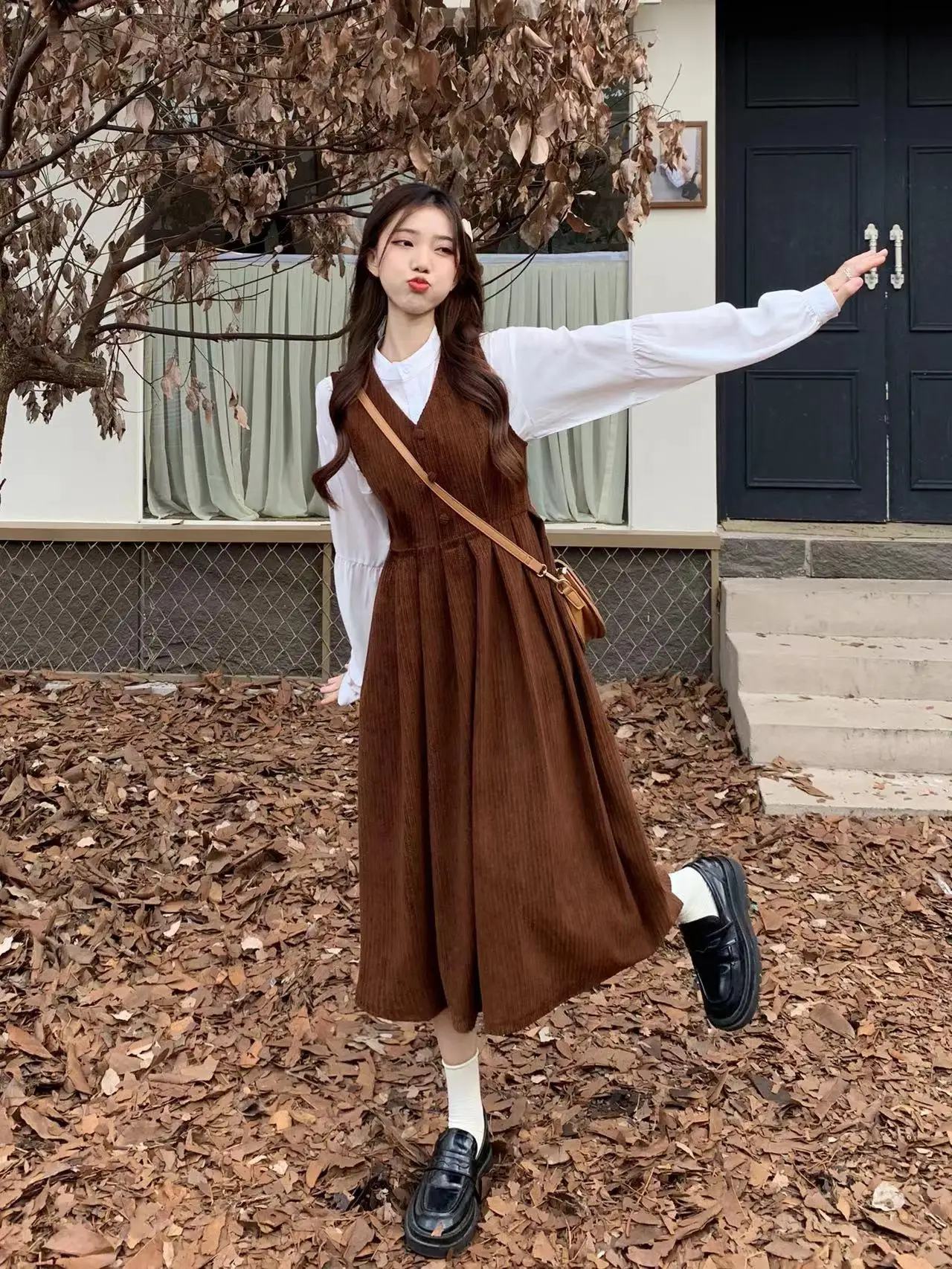 

Платье Костюм Женский Комплект из 2 предметов Вельветовые платья Рубашка Топ Ансамбль Сарафан Vestidos A Line Button Осенне-зимняя одежда Сладкая