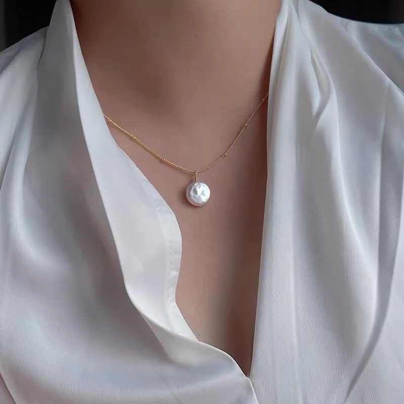 5A Superbright light Natural Freshwater Baroque button Pearl Pendant S925 sterling silver buckle necklace Pendant 13-14MM PBC