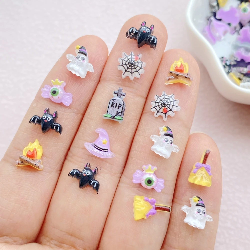 100Pcs Mixed Nail Art Resin Cartoon Mini Halloween Bat, Ghost Series Charms Rhinestones DIY Craft For Nail Decorations Jewelry