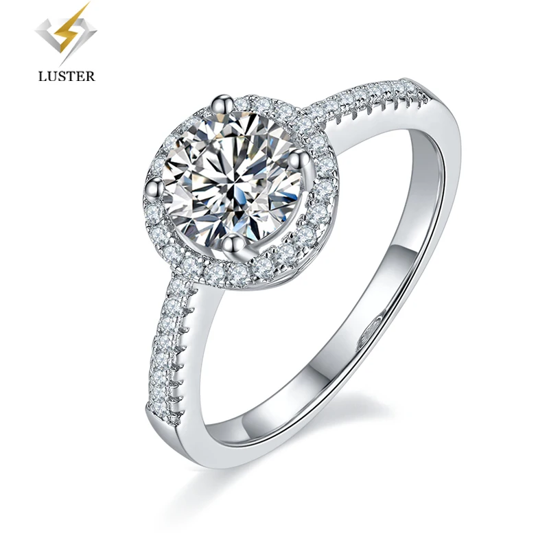 

LUSTER Moissanite Ring 6.5mm 1ct D Color 925 Sterling Silver 18K White Gold Plated Diamond Test Passed Jewelry Gift for Women