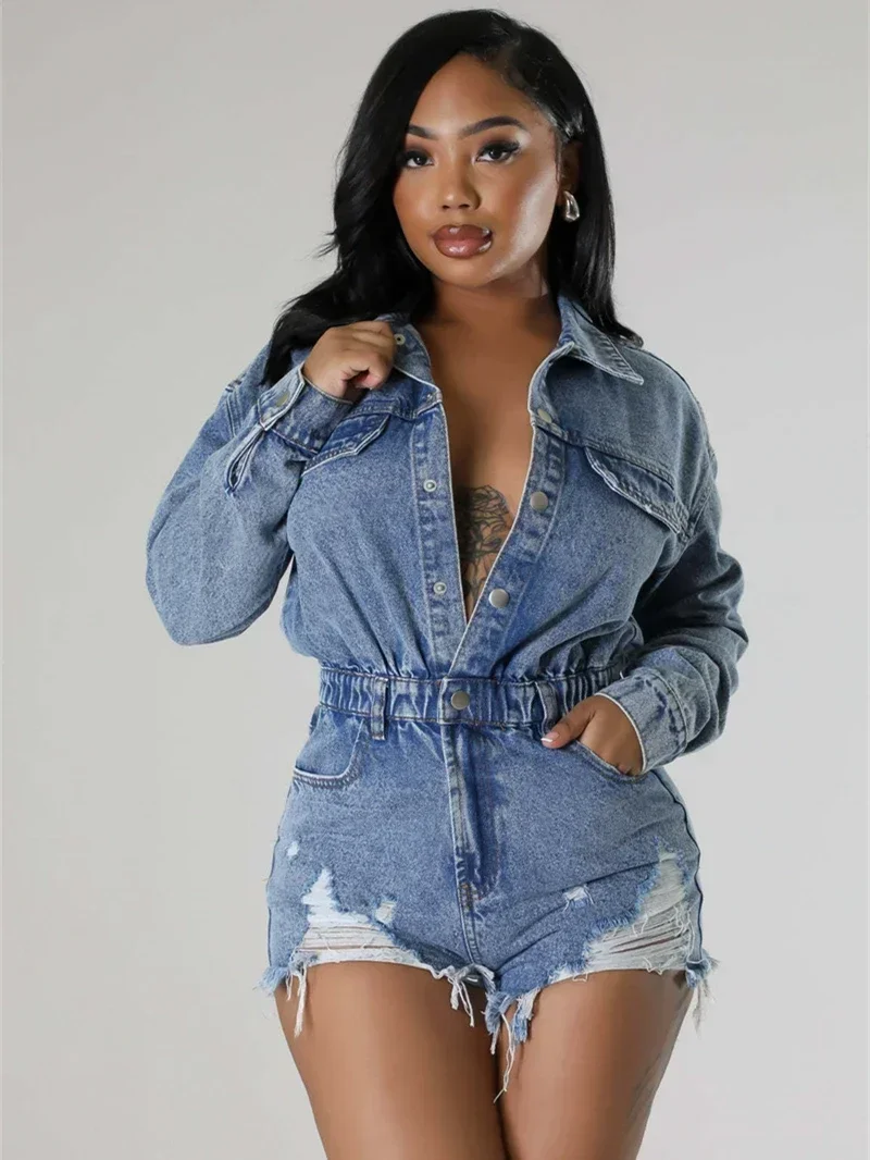 

Streetwear Ripped Jean Rompers Playsuits for Women Spring Y2K Clothes Vintage Denim Shorts Jumpsuits One Pieces Overalls Outfits