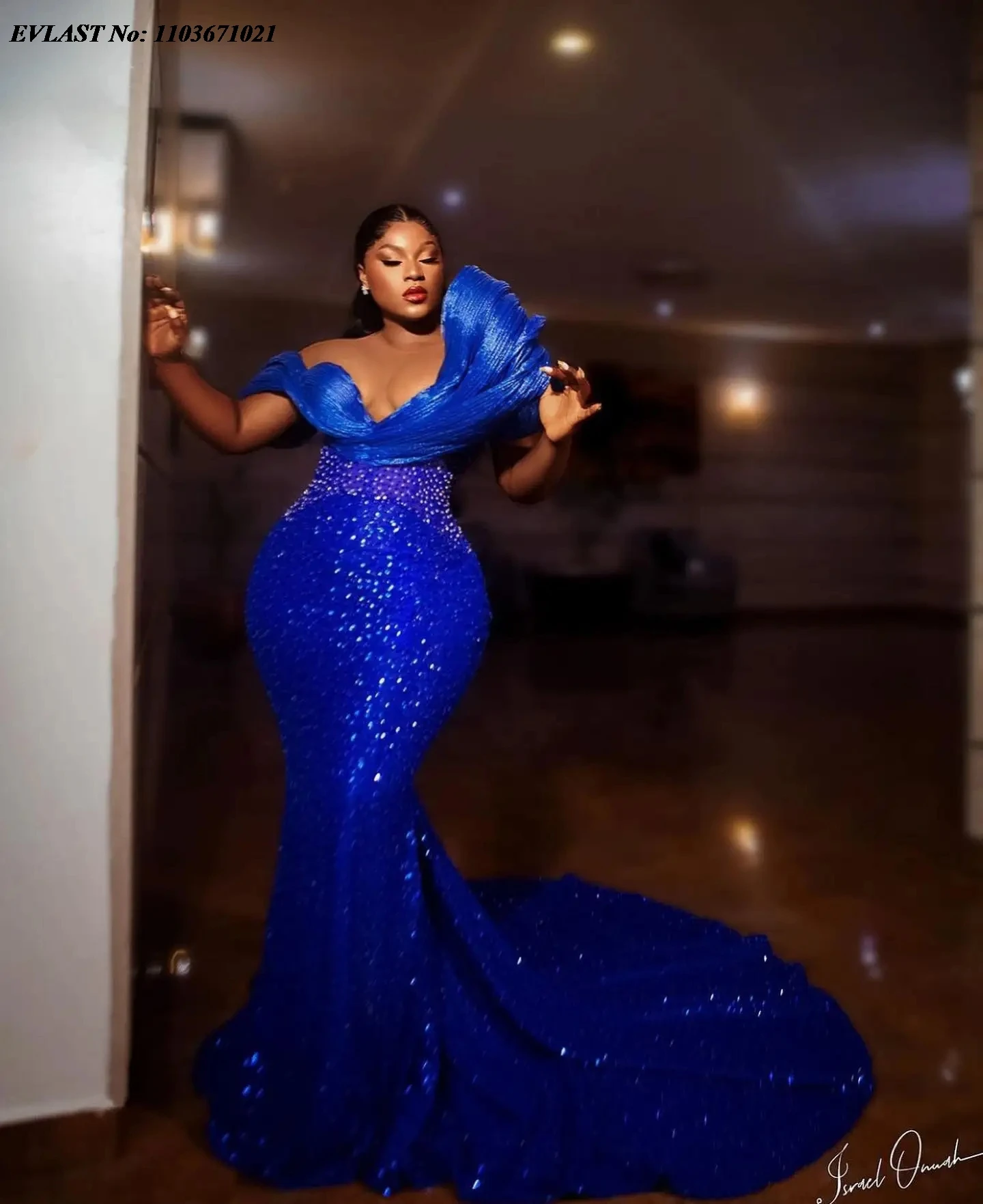 EVLAST Sparkly Royal Blue African Mermaid Prom Dress Sequins Beaded 3D Aso Ebi Wedding Guest Gown Black Women Party Dress P119