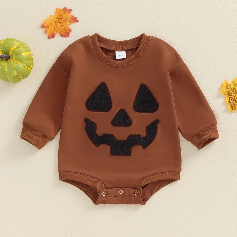 

Baby Girls Boys Sweatshirts Rompers Halloween Clothes Pumpkin Face Patch Long Sleeve Toddler Fall Bodysuits Halloween Costume