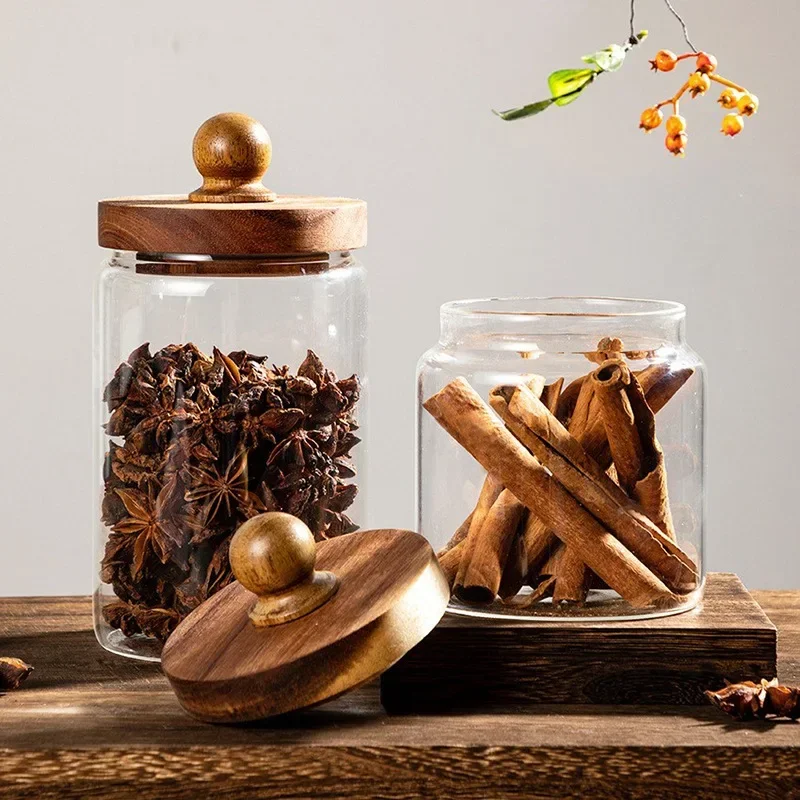 

Chinese wooden cover borosilicate glass dustproof sealed storage jar food spice nut moisture-proof storage jar