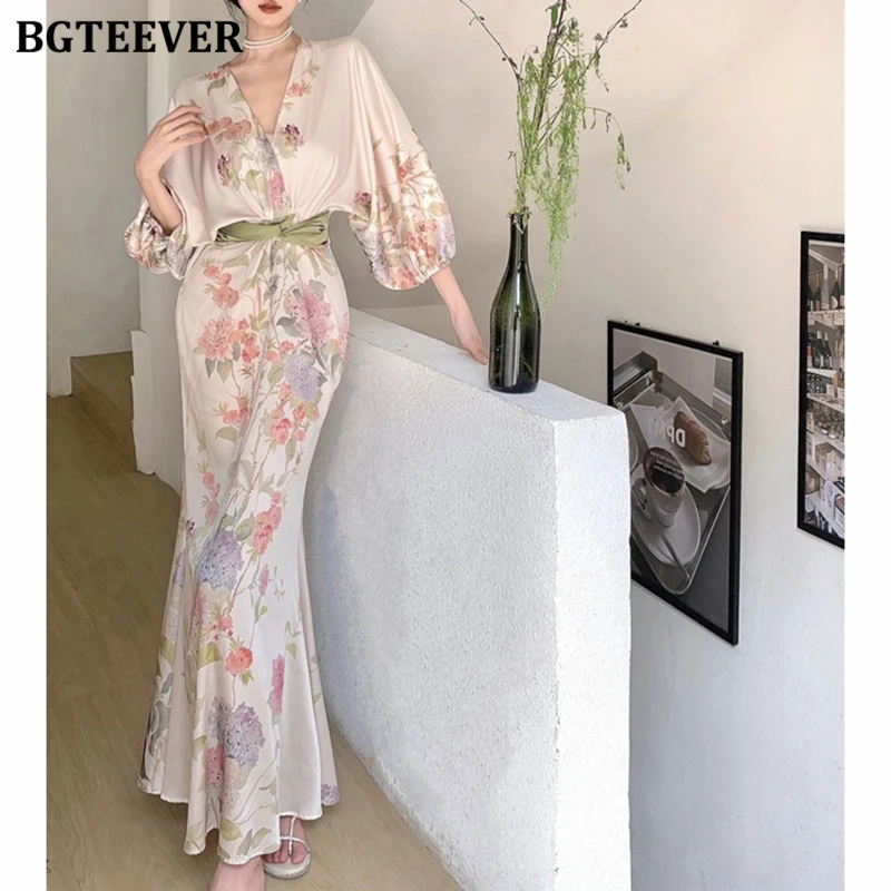 BGTEEVER Stylish V-neck Slim Waist Ladies Floral Printed Bodycon Midi Dress Elegant Women Package Hip Dress Summer Vestidos