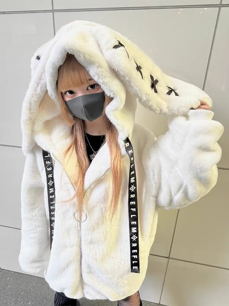 Lautaro Herbst Übergroßer süßer süßer weicher lila schwarzer Kunstpelzmantel Damen mit Hasenohren Kawaii lose flauschige Jacke Hoodie 2023 – Detail 19