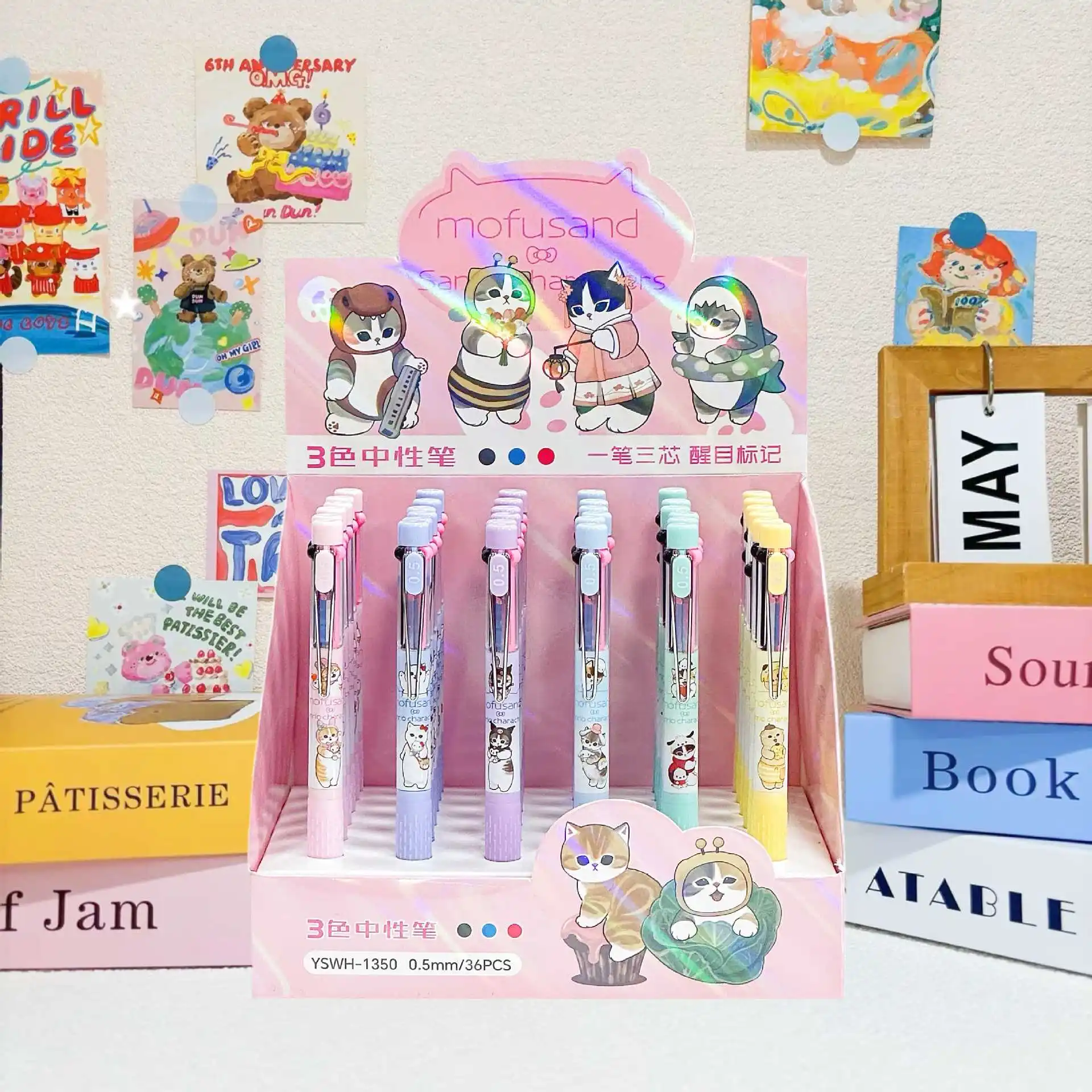 

Набор цветных ручек Mofusand Shark Cat: три цвета, милый мультяшный кот, маркеры для заметок, канцелярские принадлежности.