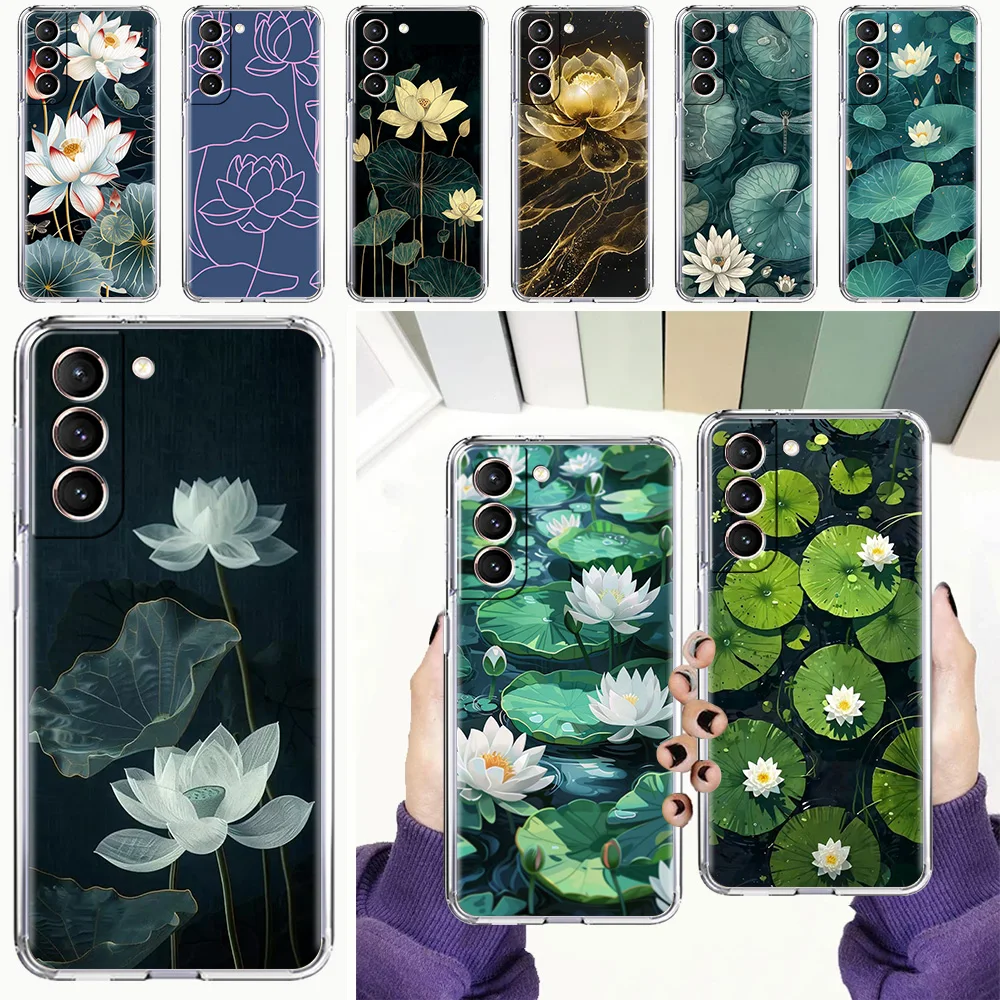 Phone Case For Samsung Galaxy S26 S25 S24 S23 S22 Ultra S20 S21 FE 5G Plus Soft Clear Cover Lotus Pattern