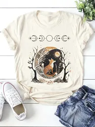 2024 Summer Fashion Fun Cute Style Women's Short Sleeved Cute Fox Print T-Shirt Print O-Neck T-Shirt Kawaii Basic T-Shirt Top.