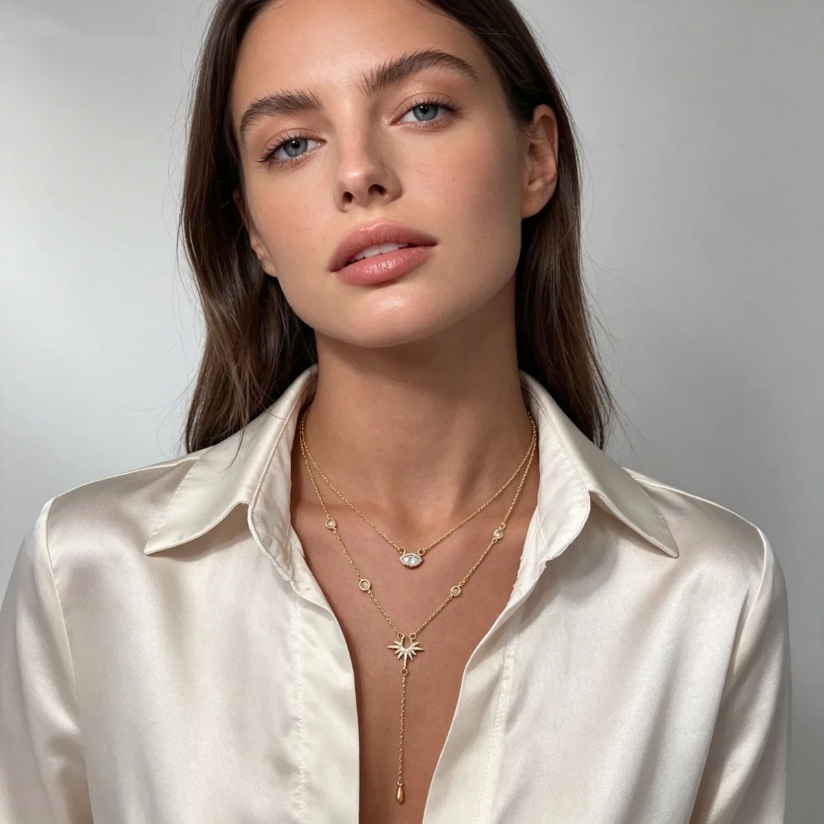 Doppelschichtige Strass-Geometrische Sonnenanhänger-Halskette in Y-Form für Frauen, Eleganter Rhombischer Sonnenblumen-Choker, Partyschmuck – Detail 15