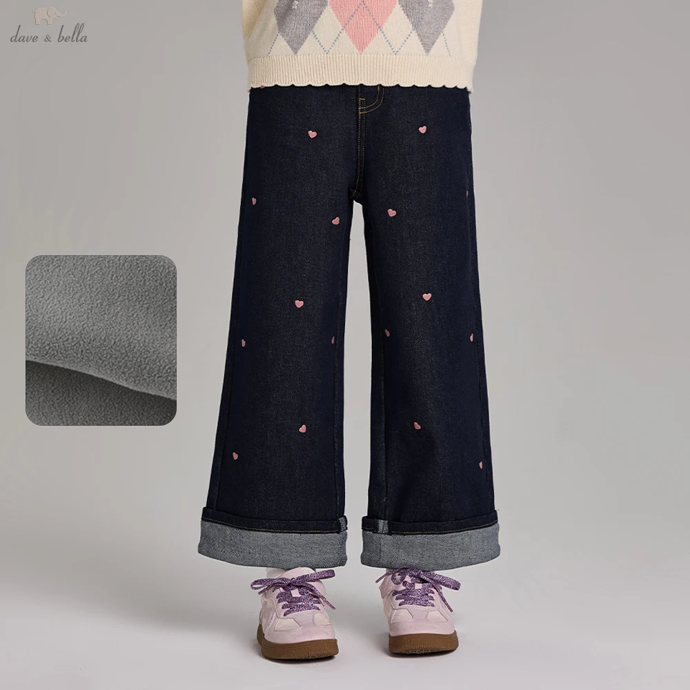 Dave Bella Girls Wide Leg Fleece-lined Jeans Children Embroidery Winter Warm Pants Elastic Waist Casual Trousers DK4264002 ﻿