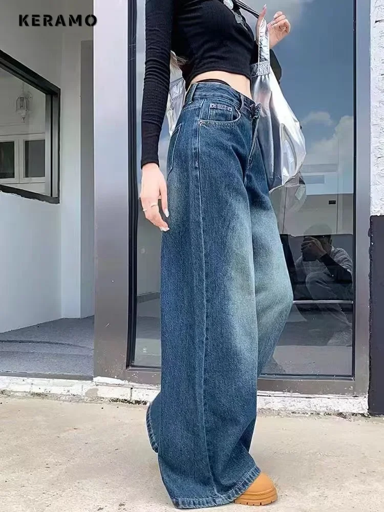 American Vintage High Waist Washed Emo Jeans Women's Wide Leg Casual 2000s Pants Baggy Y2K Grunge High Street Denim Trouser