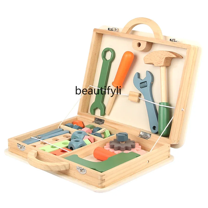 

Children twist screws assemble building block toys disassemble puzzle assemble wooden toolbox