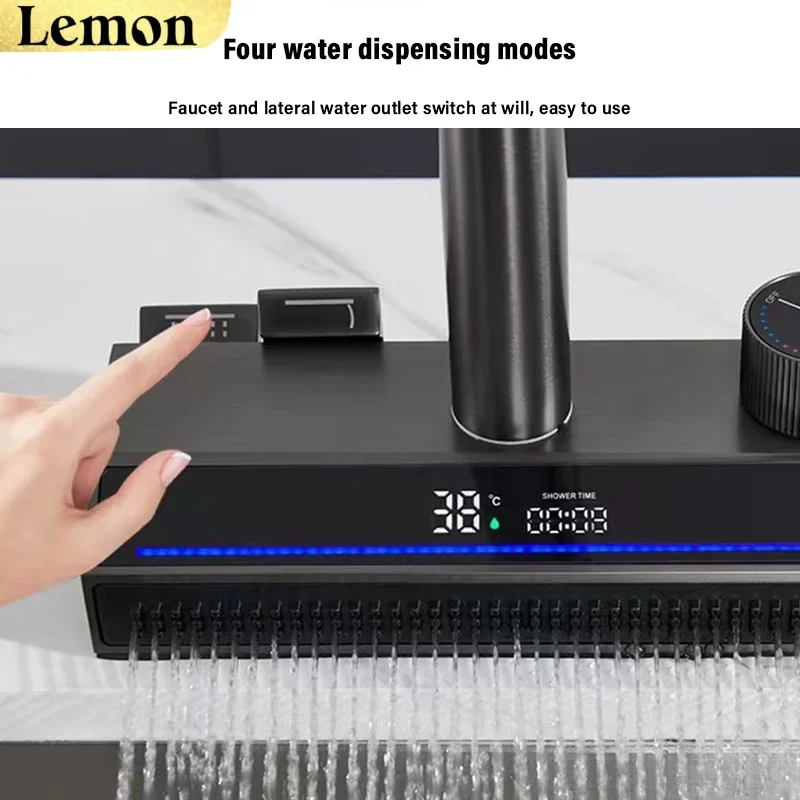 Juego de grifería de fregadero de cocina gris bronce de latón, cuenco individual con grifo de cascada de lluvia con mosca, pantalla Digital, grifo mezclador de baño moderno